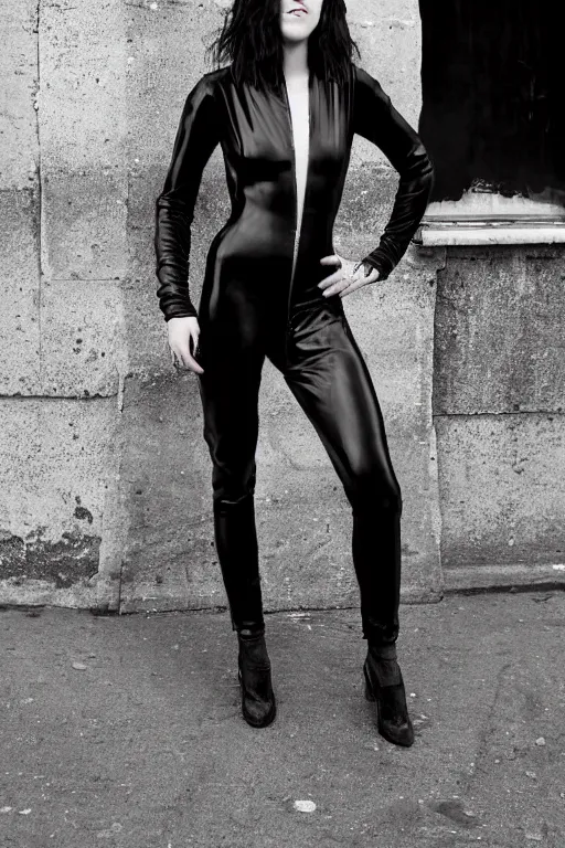 Prompt: kristen stewart wearing the irma vep catsuit, photographed on the street in paris, portrait