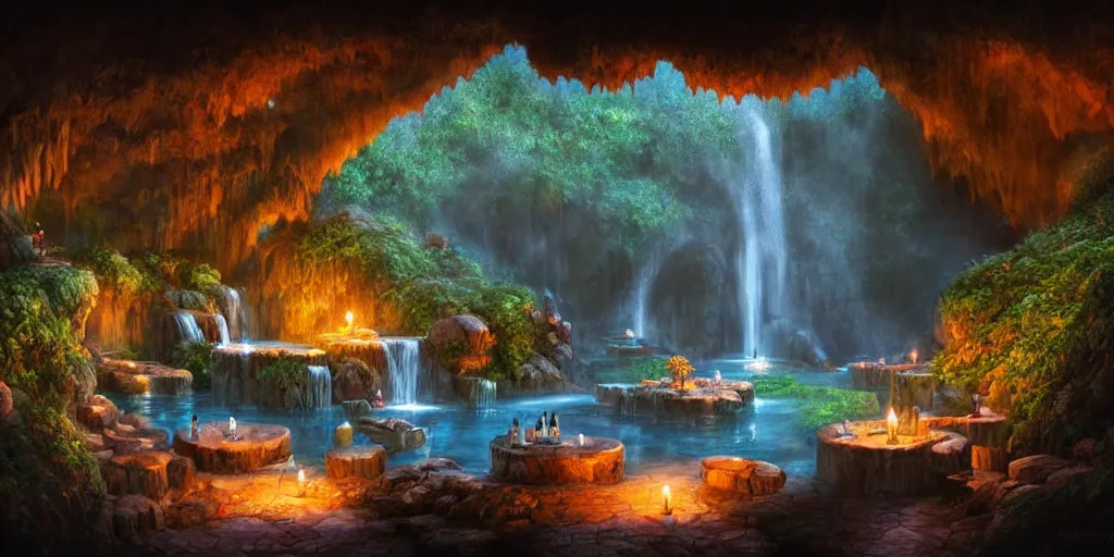 Image similar to detailed interior of cozy hotsprings hidden inside a cave, small waterfalls, lush vegetation, flowers, towels, plates of fruit, candlelight, digital painting, concept art, light shafts, stunning atmosphere, by gerald brom, cinematic lighting