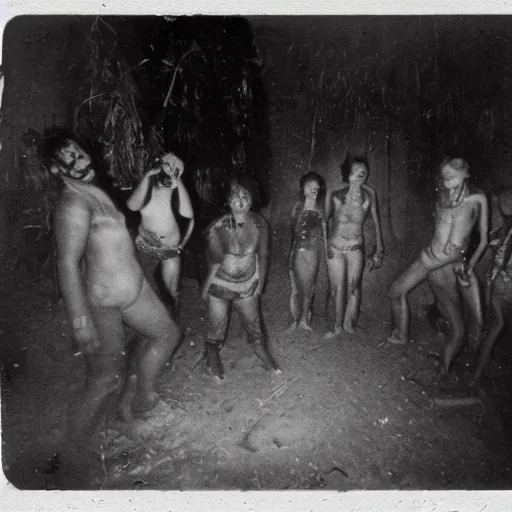 Image similar to a group of people in a witchcraft ritual on an abandoned mad house in the Colombian jungle, mist, 1910 polaroid photography, grainy film, resident evil, Black and white