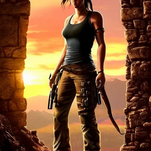 Prompt: lara croft wearing batik!!!!!!, looking content, golden hour, cinematic