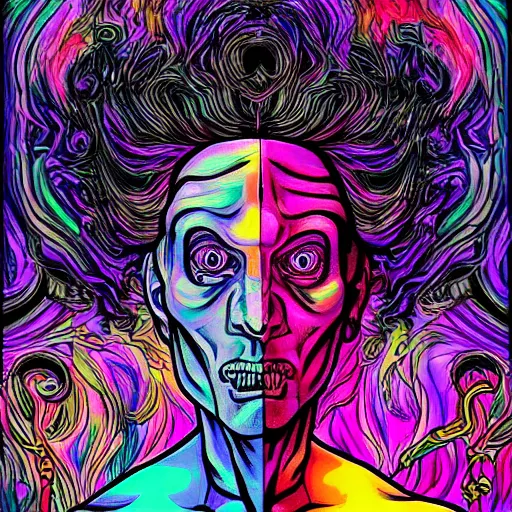 Image similar to a psychedelic godlike humanoid, hyper detailed, in the style of rutkowski and junji ito and bob ross and lisa frank, selfie