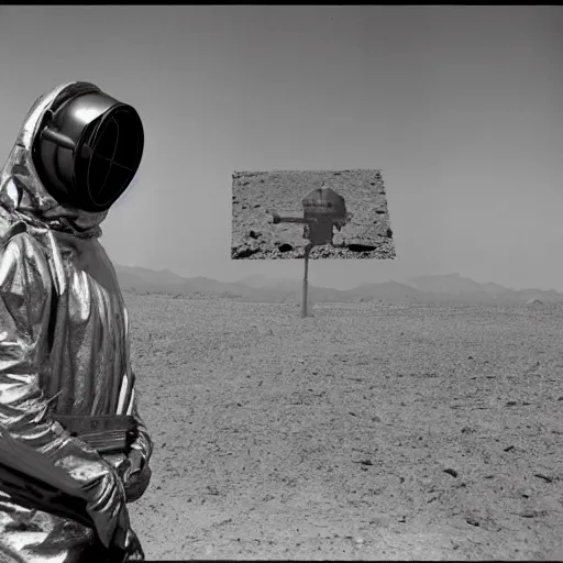 Image similar to a heavily armored man wearing a hazmat suit and gasmask, in the desert, surrealist structures in background, film still, arriflex 3 5