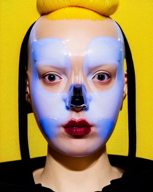Prompt: symmetrical close - up portrait of a woman wearing a translucent silicone beauty mask and yellow hair buns, wearing a black bodysuit by alexander mcqueen, blue background, soft diffused light, biotechnology, humanoide robot, bjork aesthetic, translucent, by rineke dijkstra, intricate details, highly detailed, masterpiece,
