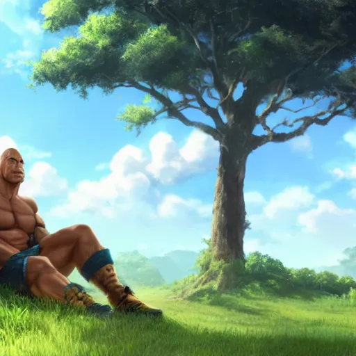 Prompt: photorealistic Dwayne Johnson sitting under a tree, anime key visual, digital art, anime screenshot, kyoto animation, makoto shinkai, trending on artstation