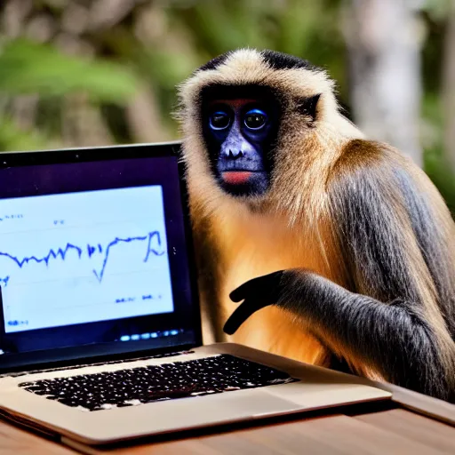 Prompt: the animal gibbon trading Bitcoin on a laptop