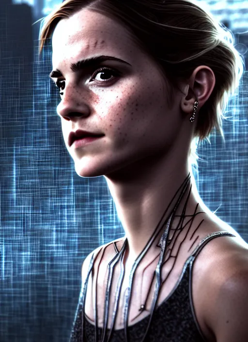 Image similar to 3 / 4 portrait, emma watson, crown, transparent skin, muscle, bones, veins, nerves, hyperrealism, detailed, photorealistic, cyberpunk apocalyptic city, futuristic, ultra realistic, cinematic, intricate, cinematic light, unreal engine 8 k, octane render, unreal engine by charlie bowater, david kostic, stanley lau, artgerm