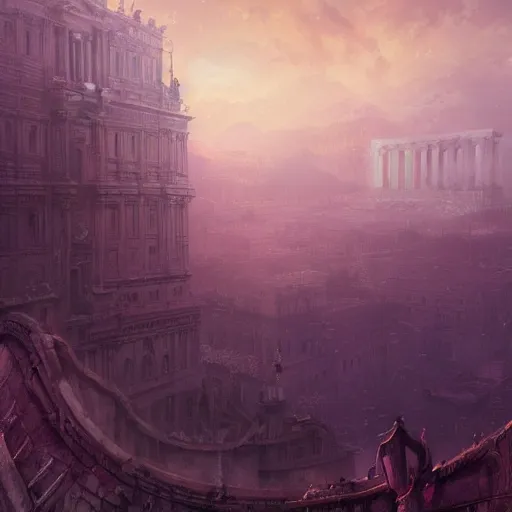 Image similar to eternal city, city of secrets, purple, environment art, fantasy art, landscape art, in the style of greg rutkowski, illustration, epic, fantasy, intricate, hyper detailed, artstation, concept art, smooth, sharp focus, ray tracing