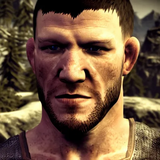 Image similar to character screenshot of ufc commentator michael bisping with a pirate eyepatch, npc talking, skyrim, wilderness, 1 0 8 0 p, bokeh, elder scrolls v, detailed, dialog text