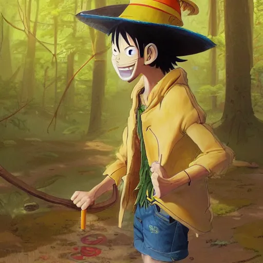 Image similar to concept art painting of an anthropomorphic luffy wearing a yellow cloak, holding a straw hat, in the deep forest, realistic, detailed, cel shaded, in the style of by isaac asimov and marc simonetti and makoto shinkai and greg rutkowski