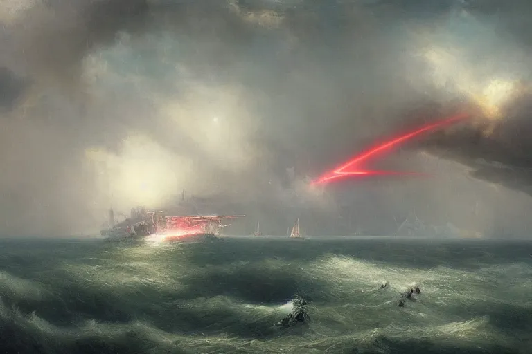 Image similar to A beautiful matte painting of huge alien spaceship attacking with powerful red lasers a Sailship in ocean in thunderstorm by Greg Rutkowski and Ivan aivazovsky