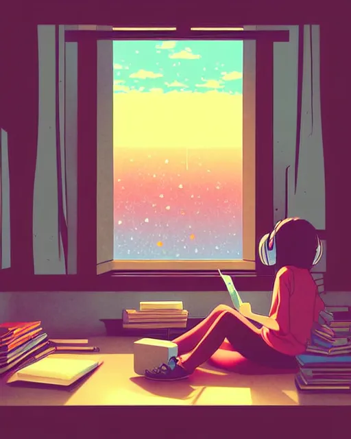Image similar to detailed aesthetic lofi illustration of a girl listening to music studying in her messy room papers everywhere anime digital art award winning scenery cinematic scene sunset in japan by seerlight and studio ghibli subsurface scattering