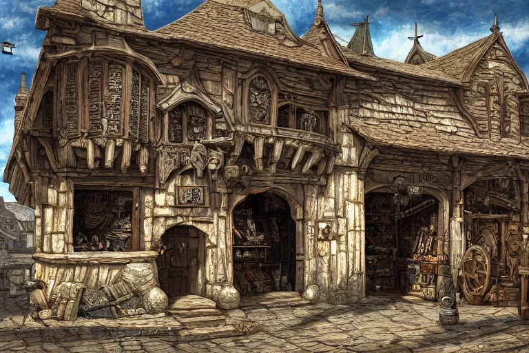 Image similar to A medieval shop viewed from the outside, texture, intricate, details, highly detailed, masterpiece, architecture, building, trending on artstation, focus, sharp focus, concept art, digital painting, fantasy, sunny, day, midday