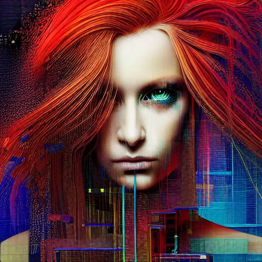 Prompt: hyperrealistic portrait of a mysterious cyberpunk woman with flowing hair, by Greg Denning, Johannes Itten, Russ Mills, beautiful, elusive, glitch art, hacking effects, glitch effects, digital tech effects, cybernetics, detailed lines, intricate detail, holographic, chromatic, clear, color blocking, acrylic on canvas, octane, concept art, abstract, red face, front view, 8k, trending on cgsociety, trending on artstation