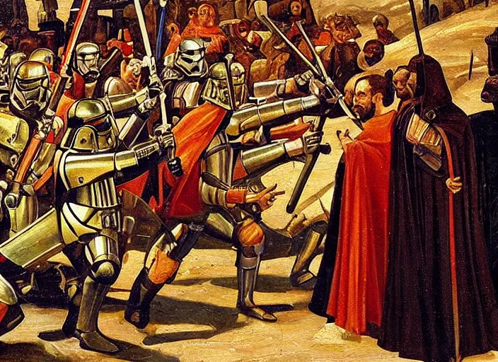 Image similar to medieval oil painting depicting star wars events, realistic, sharp, detailed