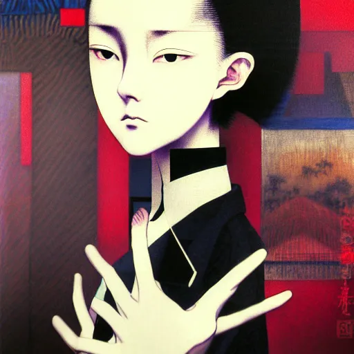 Image similar to yoshitaka amano blurred and dreamy realistic three quarter angle portrait of a young woman with short hair and black eyes wearing office suit with tie, junji ito abstract patterns in the background, satoshi kon anime, noisy film grain effect, highly detailed, renaissance oil painting, weird portrait angle, blurred lost edges