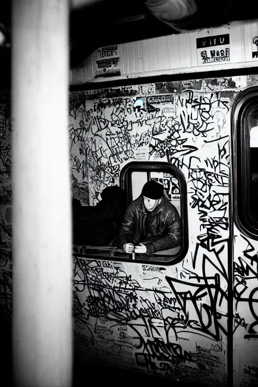 Prompt: subway cabin inside all in graffiti, man in stussy jacket closeup writing graffiti, night, film photography, exposed b & w photography, christopher morris photography