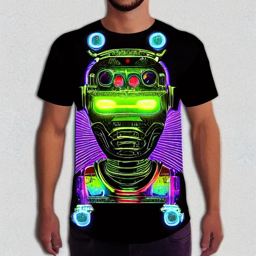 Image similar to black tshirt with a hyperdetailed portrait of a meditating diesel punk robot, 8 k, symetrical, flourescent colors, halluzinogenic, multicolored,