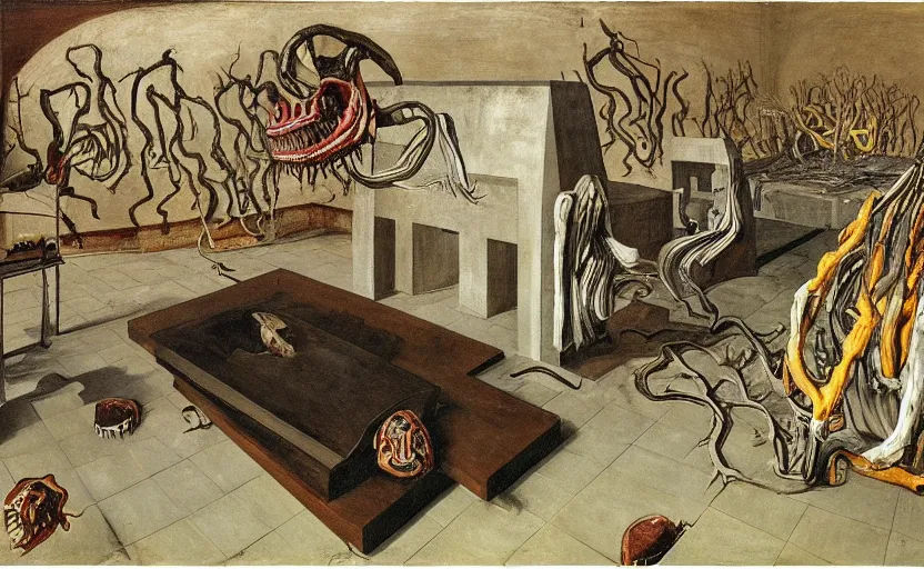 Prompt: a big empty slaughter room with a teratoma full of crooked teeth on a plinth in the middle realizing that it is an entity with a conscience that will suffer to die painted by giorgio de chirico lucian freud and goya