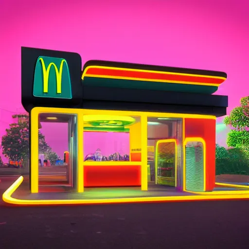 Prompt: “Futuristic McDonalds, octane render, vivid, neon, 8k, ultra realistic”