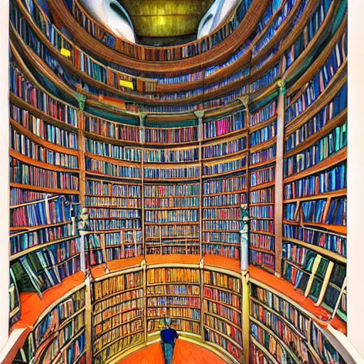 Prompt: beautiful vibrant painting of huge library inside human brain, cross-section of human brain with library inside trending on Artstation by James Gurney, high quality