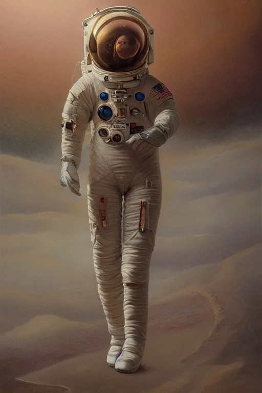 Image similar to a stunning ultra realistic fine art painting of an astronaut walking on Mars, by tom bagshaw, studio portrait, muted colors, detailed hair, 4K