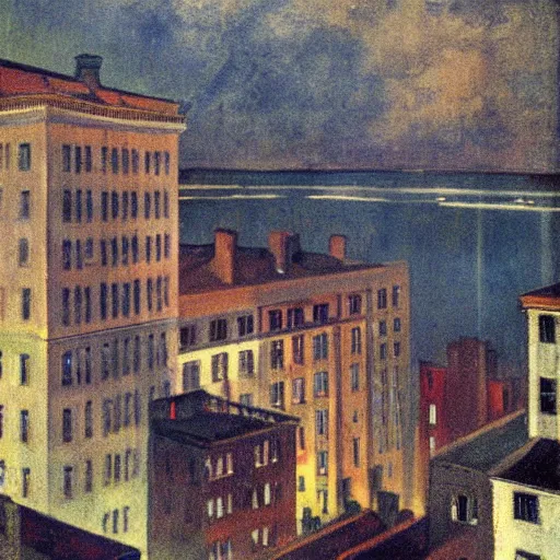 Image similar to full color painting of a balcony view of 1 9 2 5 boston with a broken sky, dark, brooding, night