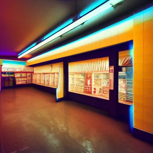 Prompt: noisy color photograph of inside a retrofuturist empty convenience store, dark pit, minimalist, cinematic, soft vintage glow, lens flare