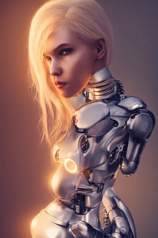 Image similar to a beautiful woman with blonde hair wearing robot suit with wires and light, highly detailed, photorealistic, artstation, smooth