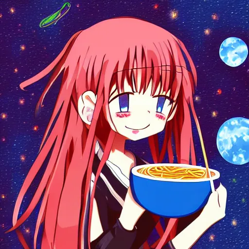 Prompt: Yandere anime girl smiling whilst holding a bowl of spaghetti in space, digital art