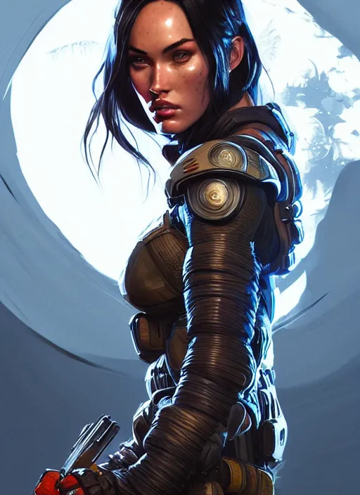 Image similar to portrait of apex legends megan fox, planet of the apes, intricate, elegant, glowing lights, highly detailed, digital painting, artstation, glamor pose, concept art, smooth, sharp focus, illustration, art by artgerm and greg rutkowski, artey freytag