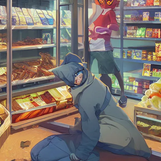 Prompt: cat robbing a food store, art gta 5 cover, artstation by jesper ejsing, by rhads, makoto shinkai and lois van baarle, ilya kuvshinov, ossdraws, and by feng zhu and loish and laurie greasley, victo ngai, andreas rocha, john harris