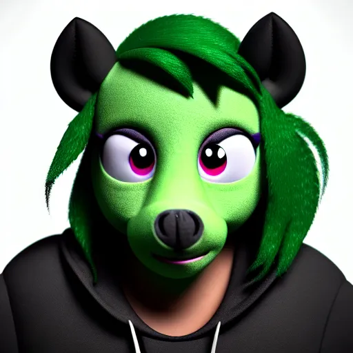 Prompt: a stoner with a black hoodie on with a marijuana themed dark green pony head from my little pony, 3 d, blender 3 d, render, extremely detailed, 8 k, stoned red eyes