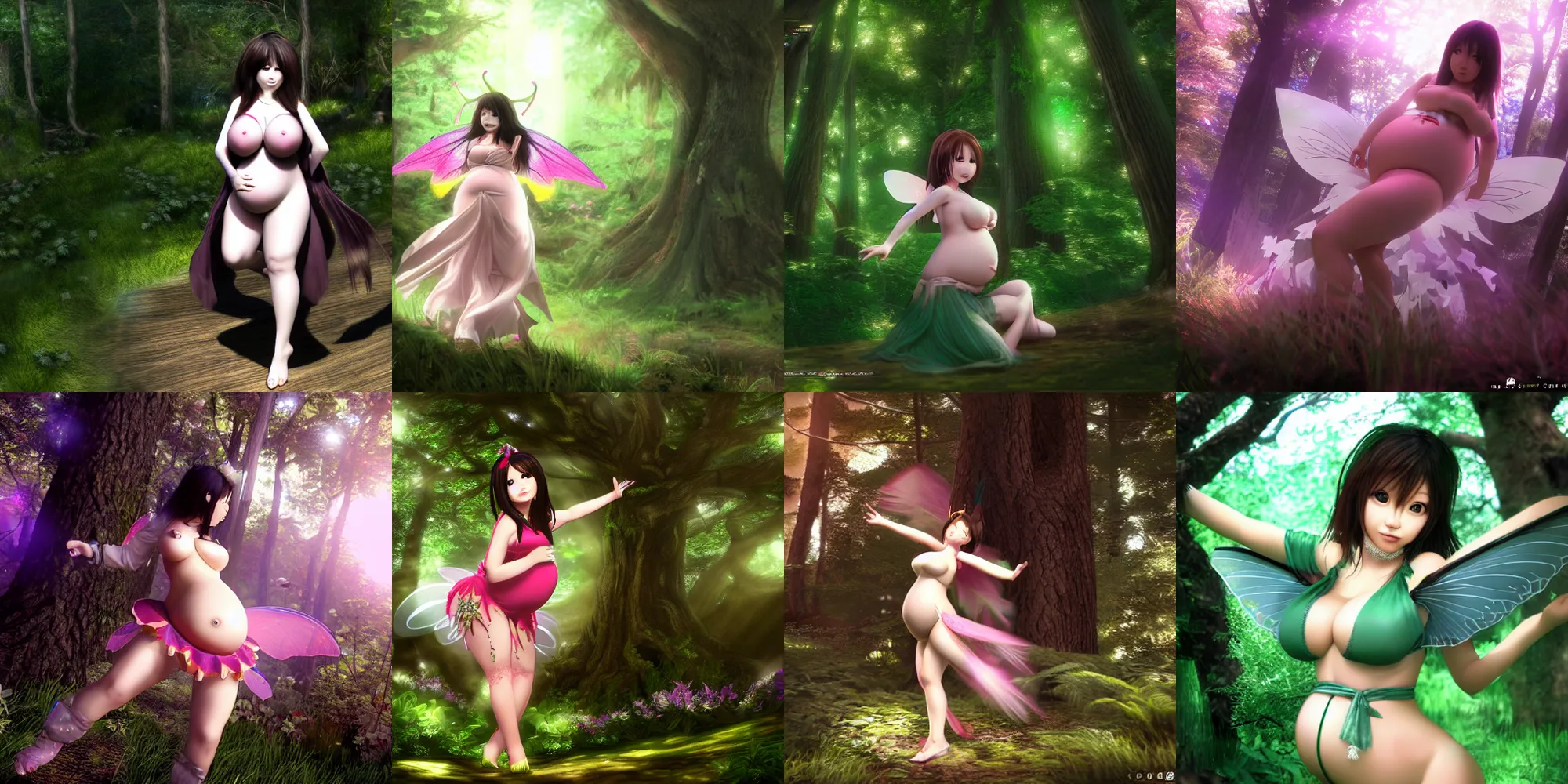 Prompt: hitomi Tanaka as a beautiful pregnant fairy dancing in a forest, cryengine, pixiv