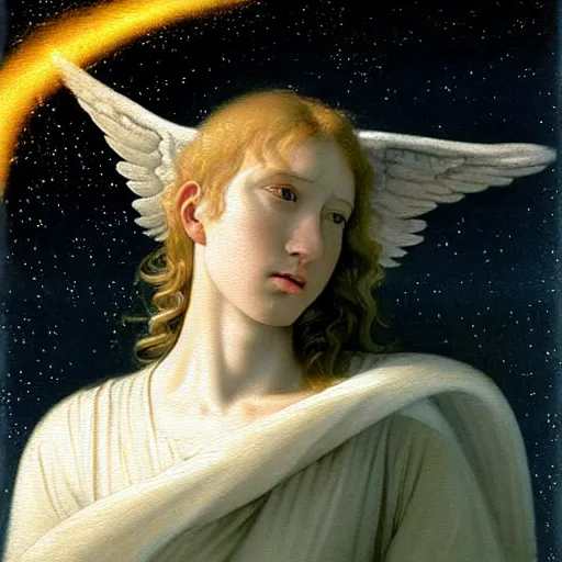 Image similar to renaissance hyper realistic painting of white angel!!! beautiful face, no gender!!!, miracle light coming overhead!!, a lot of stars overhead!!!, fire around the head!, by caspar david friedrich, misty space, sfumato, christianity, holography, glow effect, large strokes, soft shadow and light, highdetailed, white background