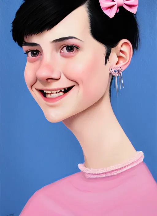 Image similar to portrait of high school girl, realistic, black hair, bangs, half updo hairstyle, pointy nose, skinny, smile, ugly, defined jawline, big chin, pink hair bow, earrings, intricate, elegant, glowing lights, highly detailed, digital painting, artstation, sharp focus, illustration, art by wlop, mars ravelo and greg rutkowski