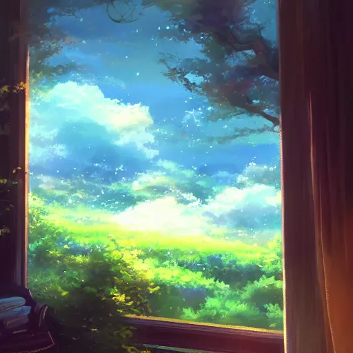 Image similar to a heavenly dream view from the interior of my cozy house from a Makoto Shinkai oil on canvas inspired pixiv dreamy scenery art majestic fantasy scenery cozy window frame fantasy pixiv scenery art inspired by magical fantasy exterior