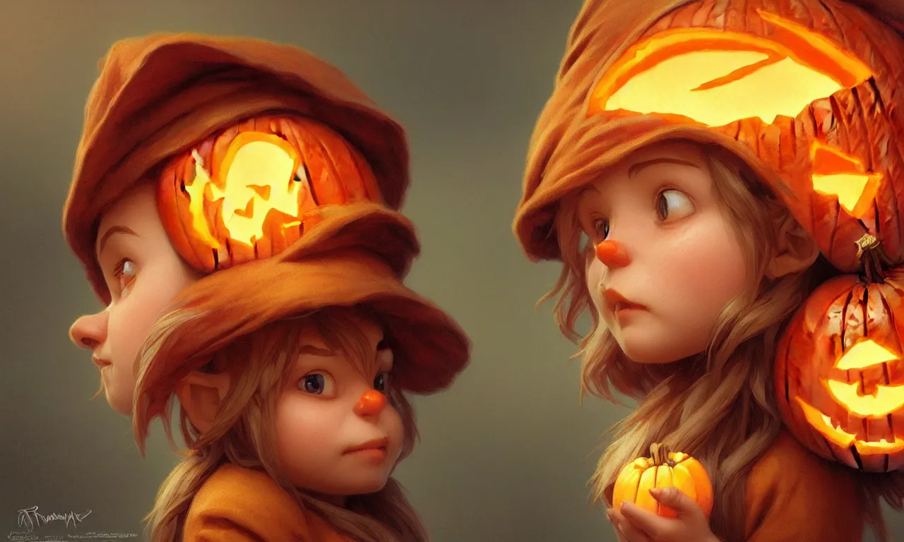 Image similar to hand drawn cute one gnomes face in autumn and pumpkin, detailed closeup face, concept art, low angle, high detail, warm lighting, volumetric, godrays, vivid, beautiful, trending on artstation, art by artgerm and greg rutkowski and alphonse mucha