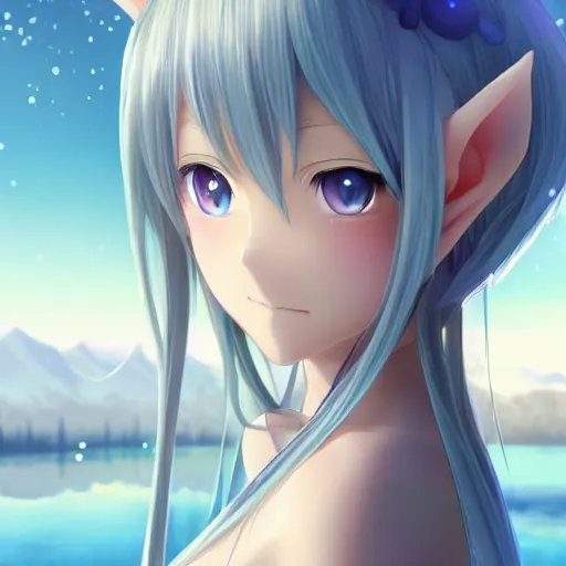 Image similar to a very beautiful anime elf girl, full body, long straight silver hair, sky blue eyes pointy ears, full round face, short smile, casual clothes, ice snowy lake setting, cinematic lightning, medium shot, mid-shot, highly detailed, trending on Artstation, Unreal Engine 4k, cinematic wallpaper by Stanley Artgerm Lau, WLOP, Rossdraws, James Jean, Andrei Riabovitchev, Marc Simonetti, and Sakimichan