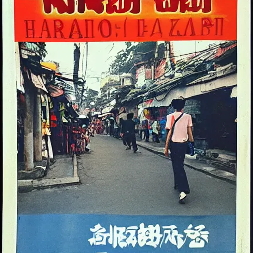 Image similar to 20 year old tourist wearing a backpack walking through hanoi. Vietnamese propaganda poster.