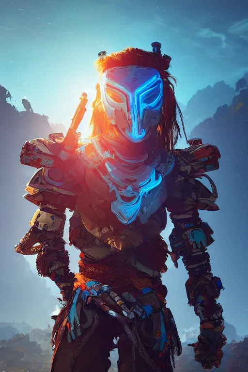 Image similar to combination suit armor aloy horizon forbidden west horizon zero dawn radiating a glowing aura global illumination ray tracing hdr fanart arstation by ian pesty and alena aenami artworks in 4 k tribal robot ninja mask helmet backpack