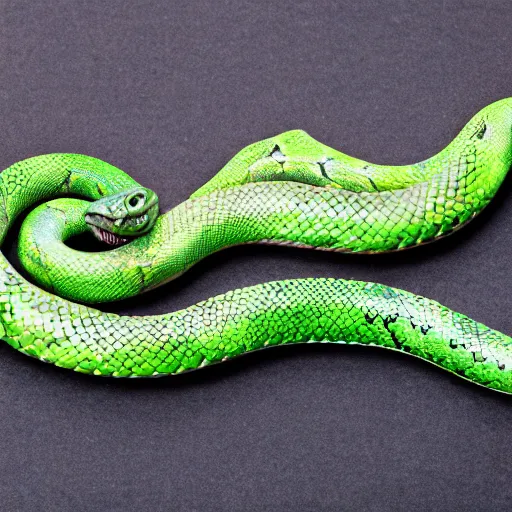 Prompt: long green reptile with snake head and snake eyes and fangs and with scales and snake tail