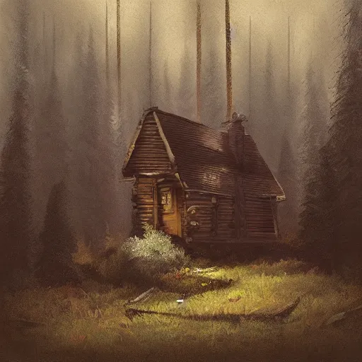 Image similar to a painting of a eerie cabin in the middle of the woods in the style of craig mullins