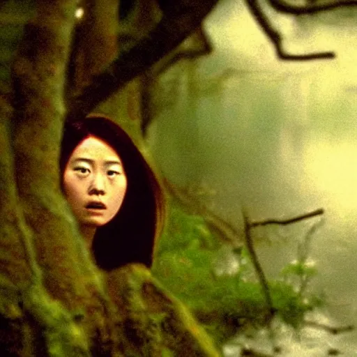 Prompt: a film still of an unsettling but beautiful female yokai haunting the depths of a Japanese forest, cinematography by sven nykvist