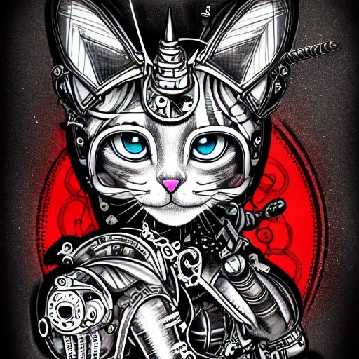 Image similar to trash polka tattoo sketch 2 d cartoon cybernetic kitten and evil unicorn robot, pencil drawing, clear lines, fractals, hard style, elaborate details, black and red, steampunk, background white paper, 4 k, ultra detailed