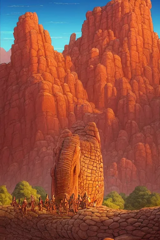 Prompt: Epic ancient fantasy desert landscape of a red sandstone city dwarfed by a colossal stone crocodile monument statue, tiny villagers gather to worship. Zoomed out vast vista, HD, Pixar movie quality. Trending on DeviantArt, highly detailed, 2d game poster by Jesper Ejsing, by RHADS, Makoto Shinkaih and Lois van baarle, ilya kuvshinov, rossdraws, cinematic , hyper-realistic, depth of field, coherent, high definition, 8k resolution octane renderer,