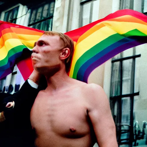 Image similar to photo of putin wrapping himself in a gay pride flag cinestill, 800t, 35mm, full-HD