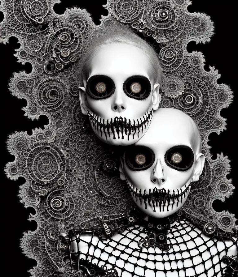 Image similar to surreal black and white photo portrait of complex bio-mechanical beautiful young female undead skeletal cyborg with a Mandelbrot fractal steampunk metal fine lace face, retrofuturistic depressing hopeless horrific vibe, radiating dark energy aura, curled silver hair and a fine metal floral foliage super big lace collar by Alexander McQueen:: high fashion, haute couture, rococo, steampunk, silver filigree details, anatomical, facial muscles, cable wires, microchip, elegant, hyper realistic, 150 mm lens, soft rim light, octane render, unreal engine, volumetric lighting, 8k,