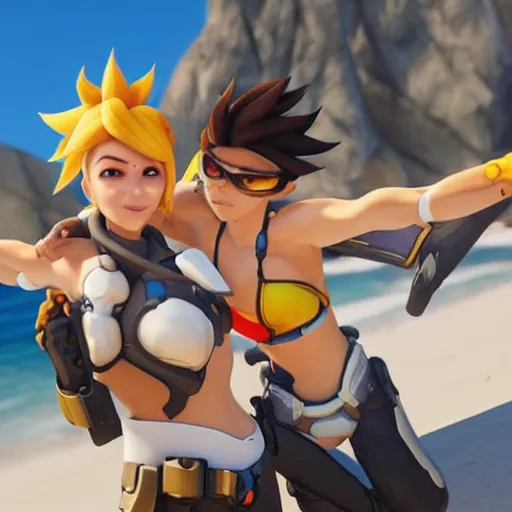 Prompt: tracer and mercy from overwatch relaxing at the beach getting a sun tan, unreal engine 5 4 k