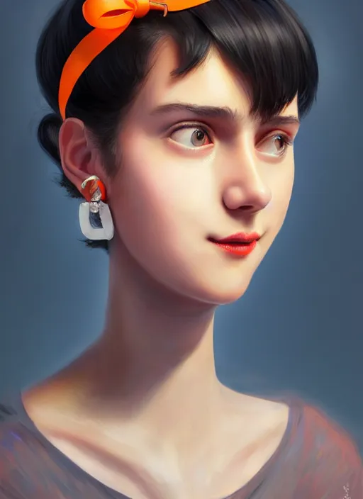 Image similar to portrait of high school girl, realistic, black hair, bangs, half updo hairstyle, pointy nose, skinny, smile, ugly, defined jawline, big chin, orange hair bow, earrings, intricate, elegant, glowing lights, highly detailed, digital painting, artstation, sharp focus, illustration, art by wlop, mars ravelo and greg rutkowski