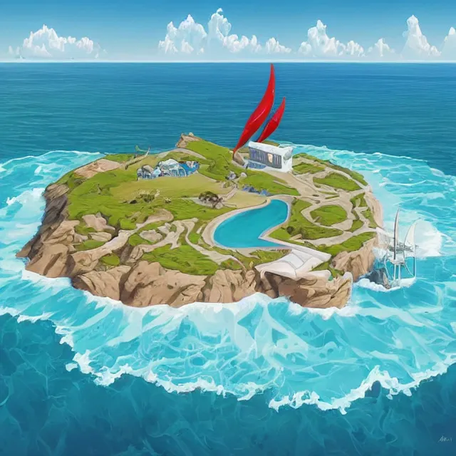 Prompt: a remote island research station in the middle of the ocean, rhads!!!, magical realism, archipelago, urban fantasy, saturday morning cartoon, clean linework, ( alexander archipenko ), ( tex avery ), western animation